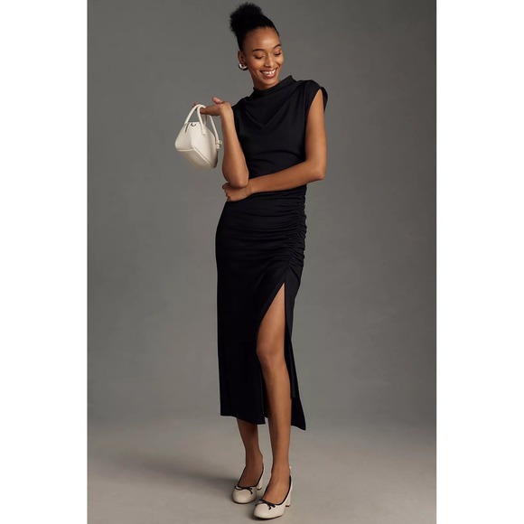 Anthropologie Dresses & Skirts - Anthropologie The Maya Ruched Cowl Neck Dress Womens M Black Midi Slit